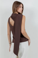 Scarf Attached Soft Woven Sleeveless Blouse