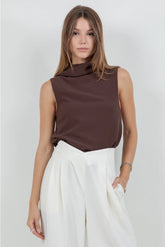 Scarf Attached Soft Woven Sleeveless Blouse