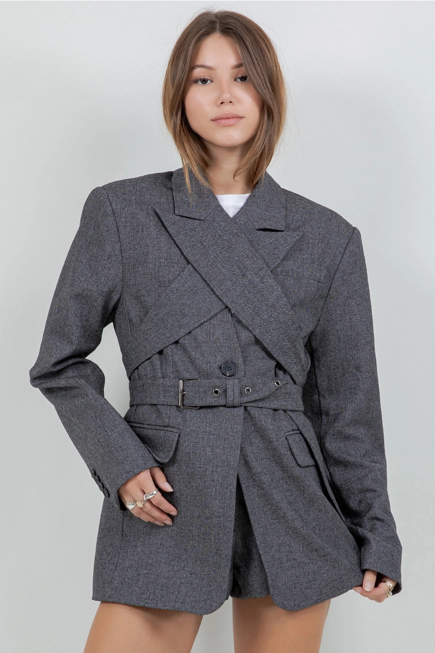 Woven Jacket Blazer w/ Detachable Wrap Around Belt