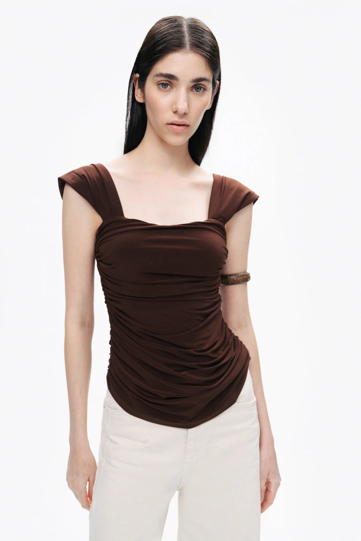 Coffee Thick Strap Draped Detail Blouse