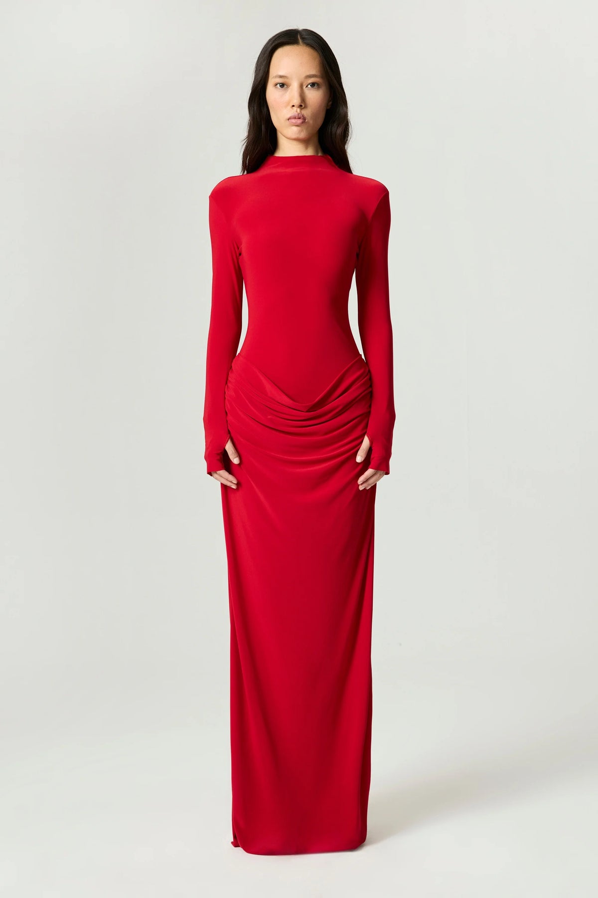 High-Neck Sculpted Ruched Maxi Dress