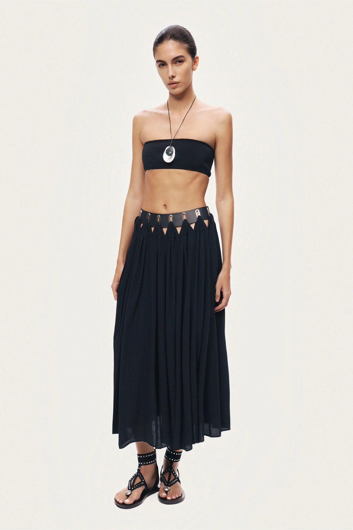 Pleated Ring-Detail Midi Skirt