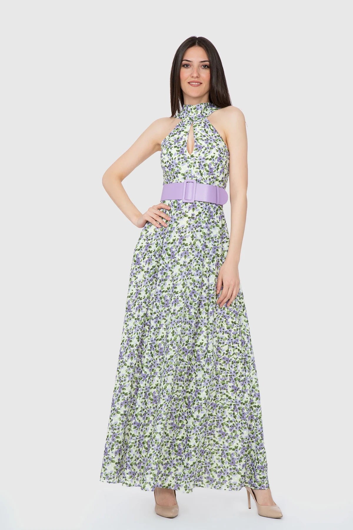 Floral Patterned Belted Long Dress
