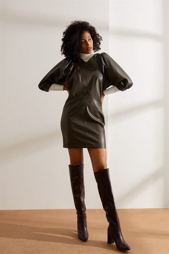 Khaki Watermelon Sleeve Mini Leather Dress SAMO COLLECTION INC Khaki Watermelon Sleeve Mini Leather Dress SAMO COLLECTION INC